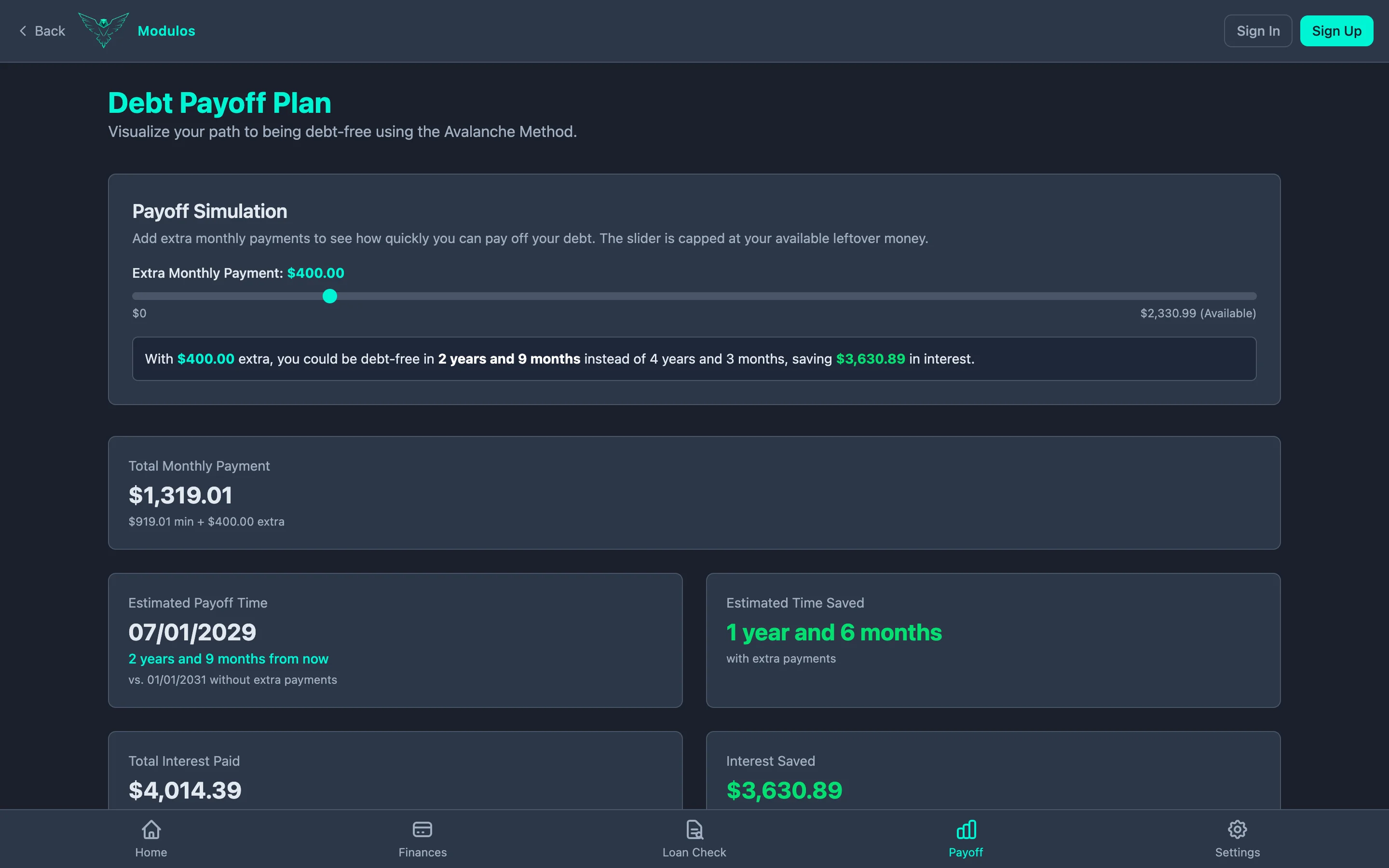 Modulos payoff plan: with $400 extra a month, debt-free in 2 years 9 months instead of 4 years 3 months, saving $3,630 in interest.