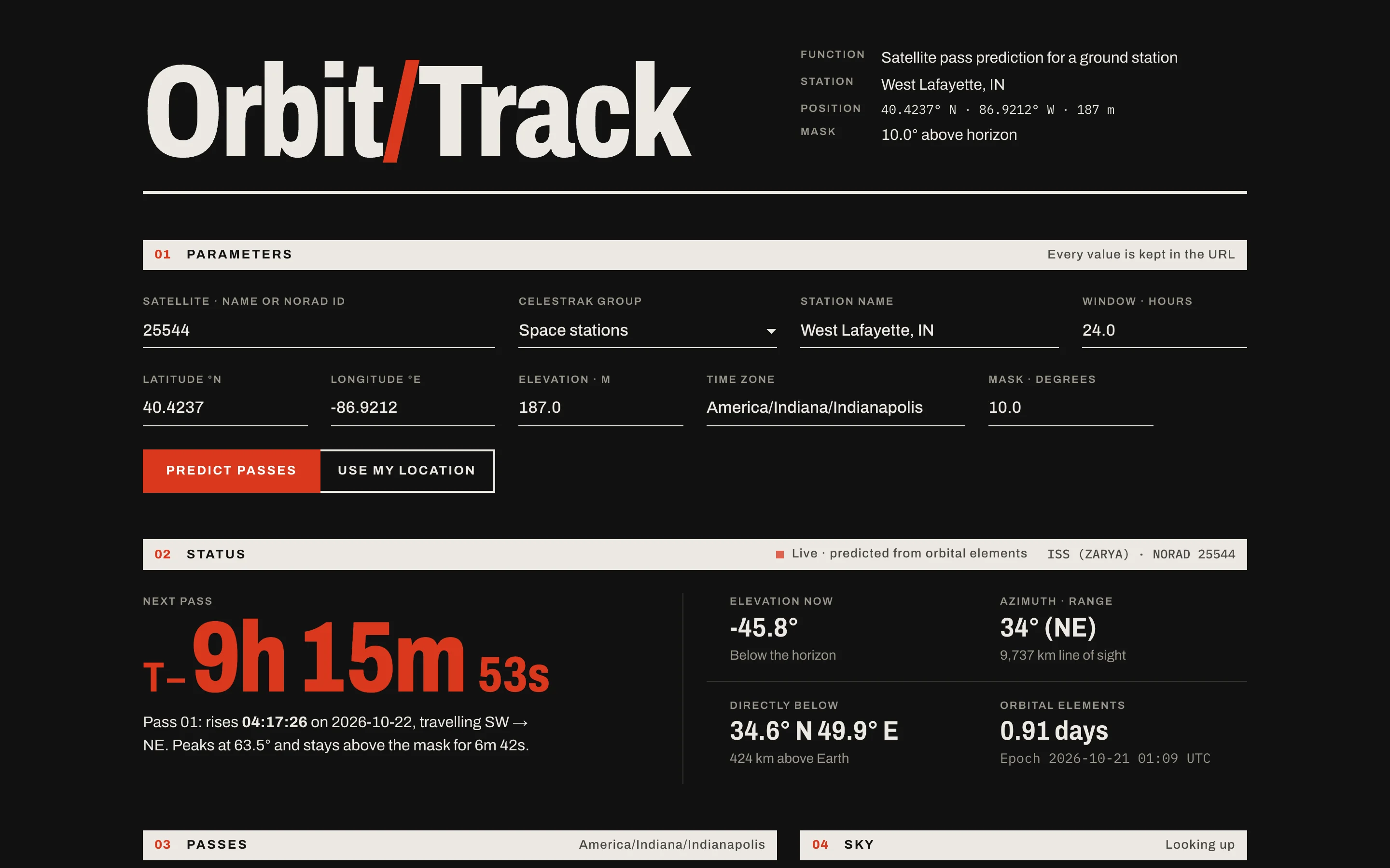 OrbitTrack web app showing prediction parameters and a countdown to the ISS's next pass over West Lafayette, IN.