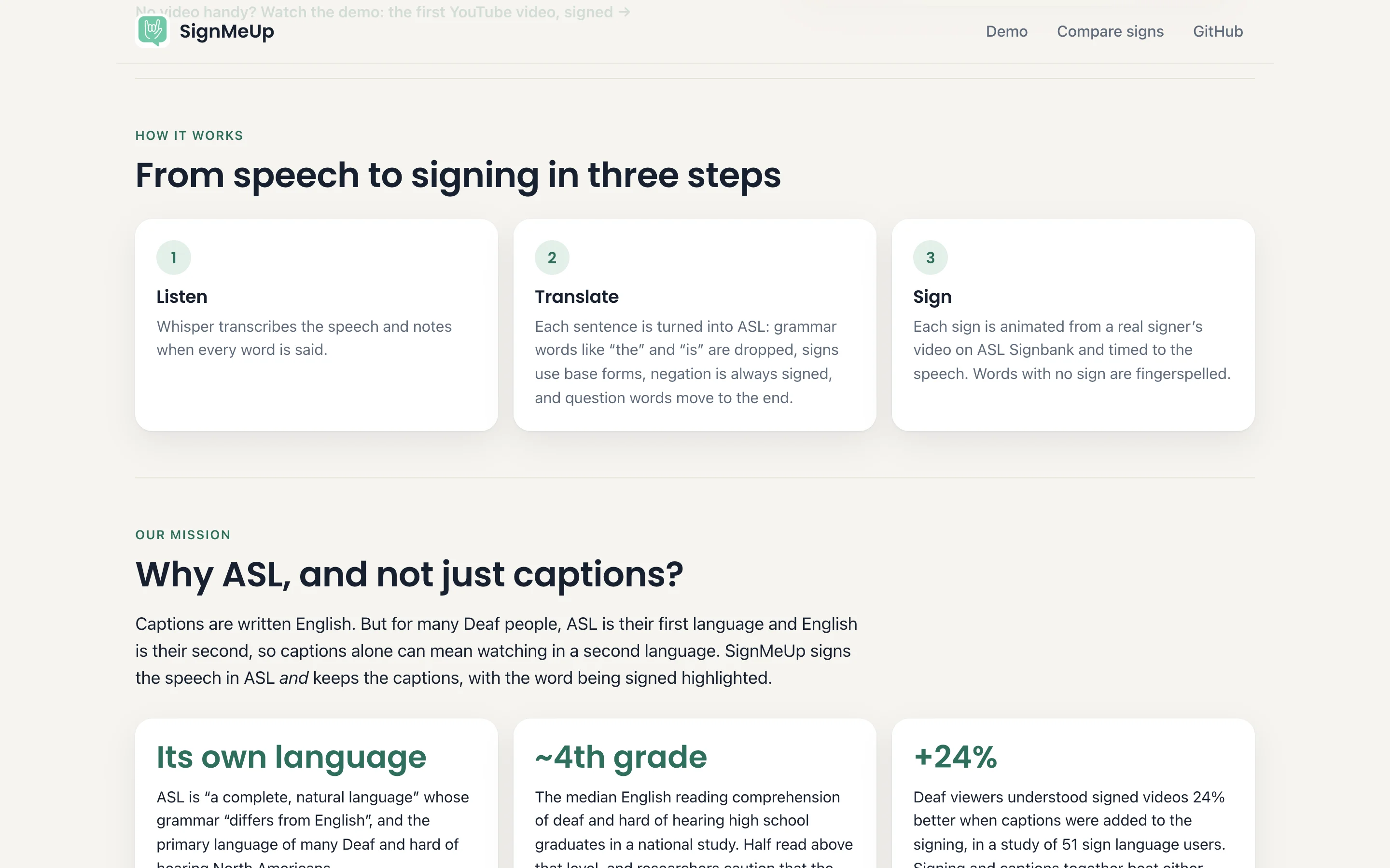 SignMeUp's how-it-works steps (listen, translate, sign) and its explanation of why ASL and not just captions.