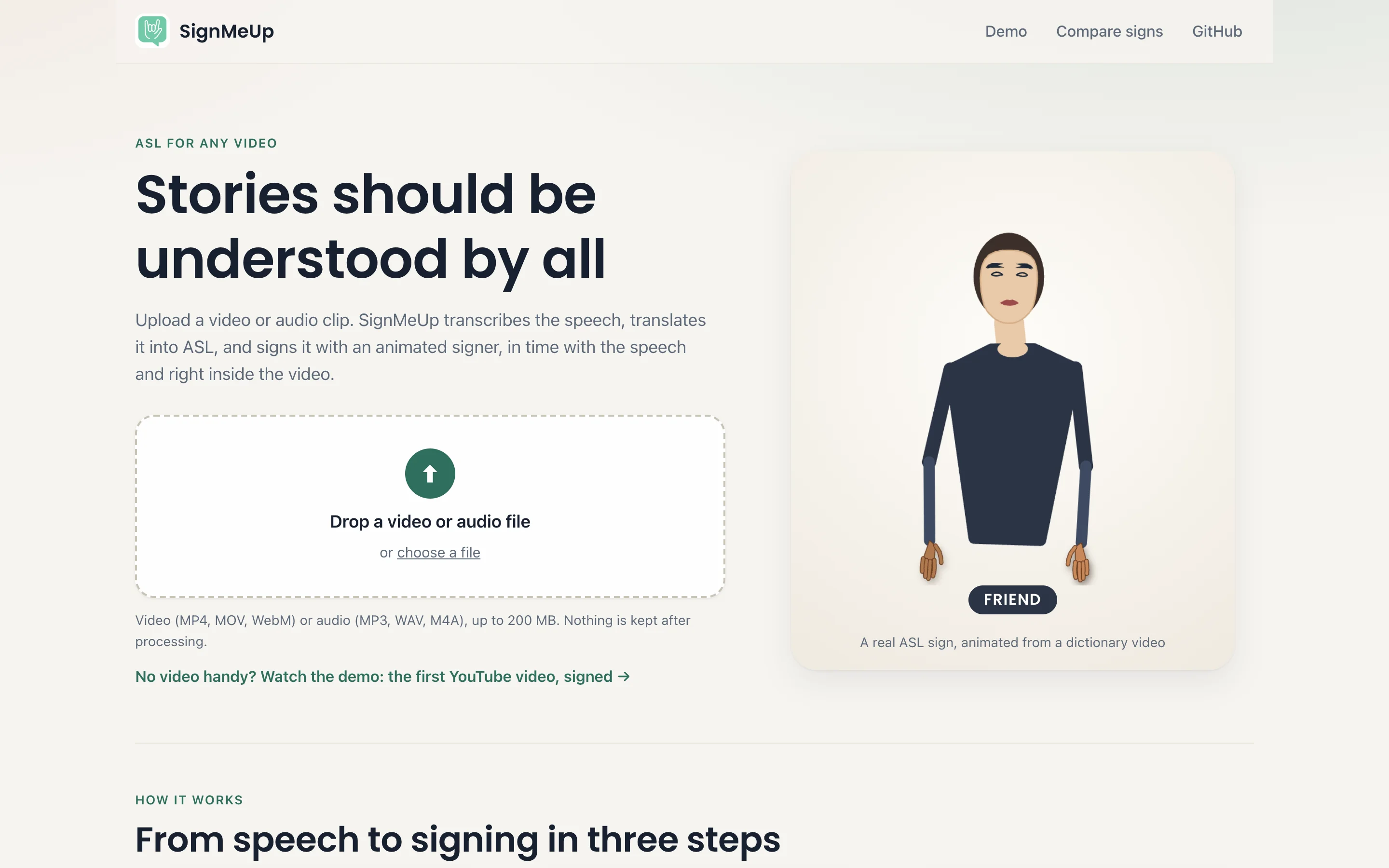 SignMeUp landing page with an upload box and an animated signer performing the sign THANK-YOU.
