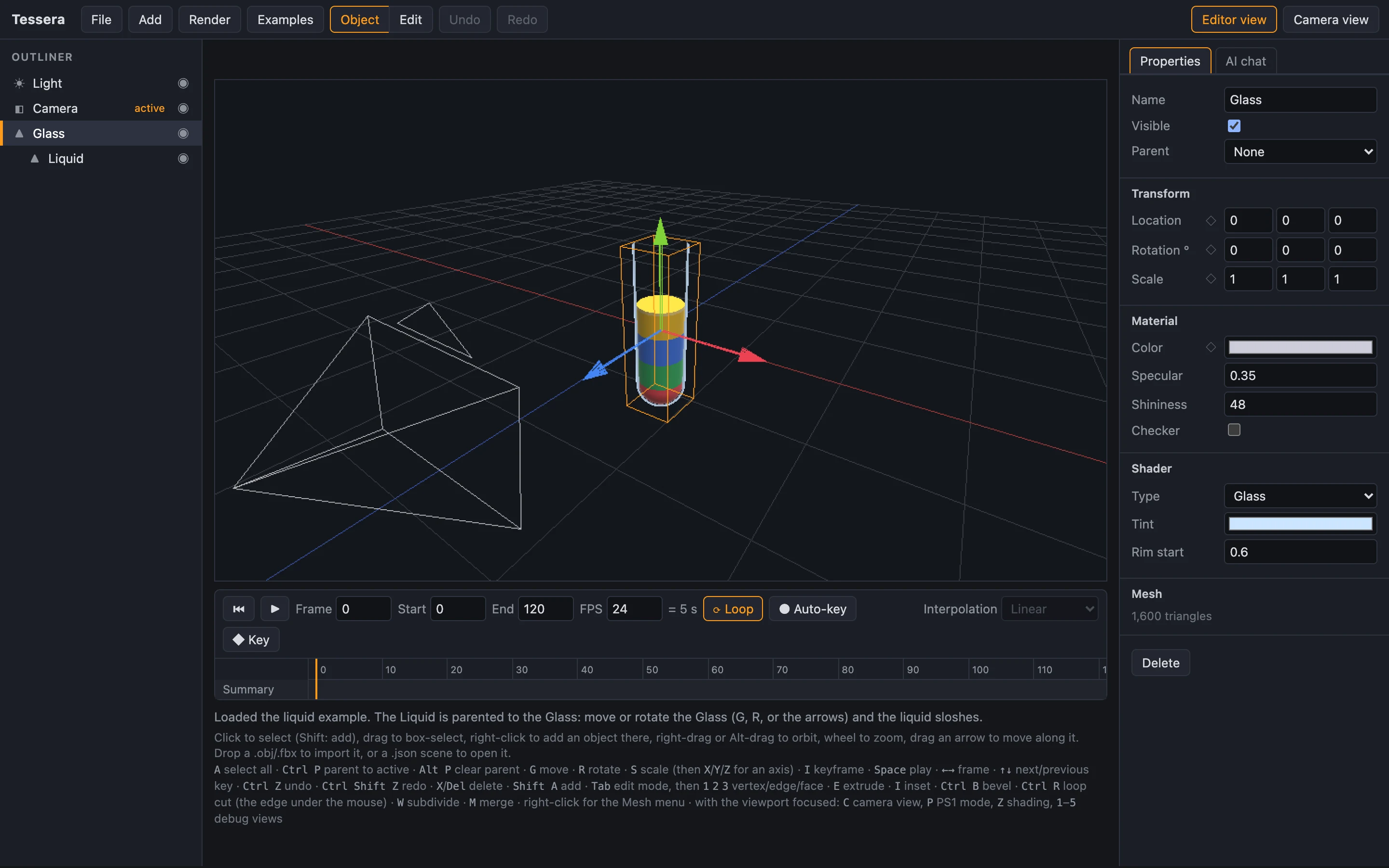Tessera's web editor showing a Liquid Sort-style liquid tube with a move gizmo, an outliner, a keyframe timeline, and a properties panel.