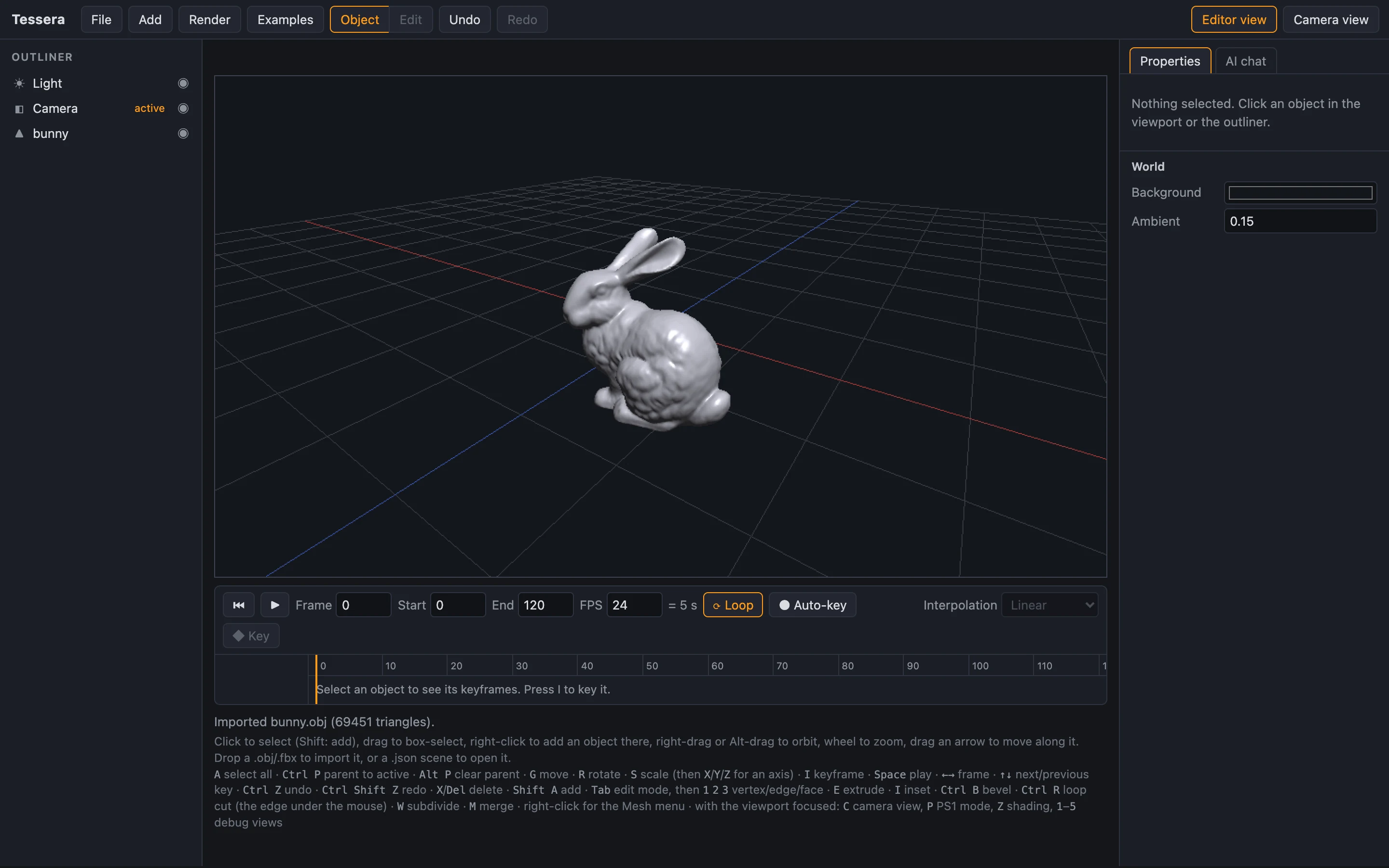 The Stanford bunny (69,451 triangles) imported into the Tessera editor with smooth Phong shading.