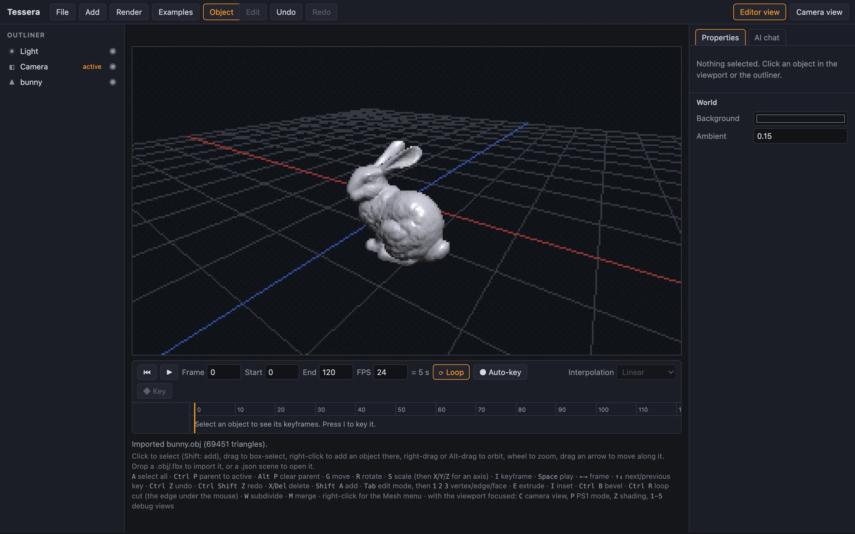 The same bunny in Tessera's PS1 mode, with low-resolution pixels and dithered color.